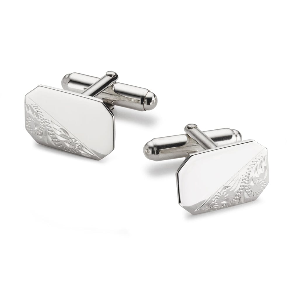 Engraved Cut Corner Sterling Silver Cufflinks