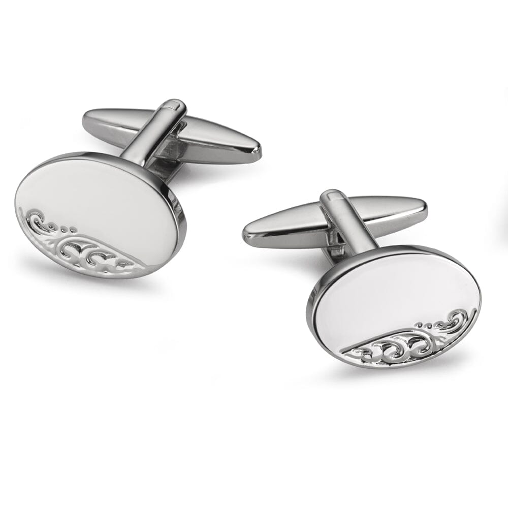 Engraved Leaf Oval Silver Plate Cufflinks