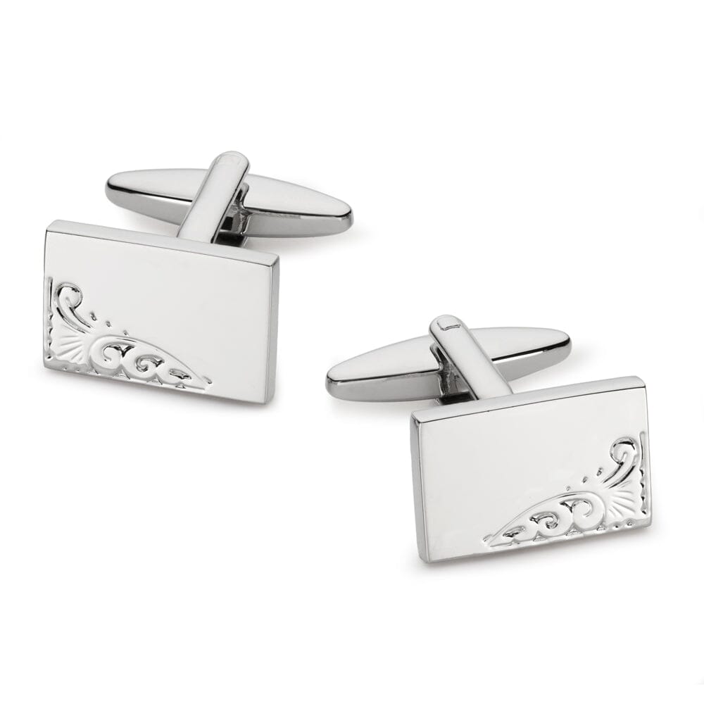 Engraved Leaf Rectangle Silver Plate Cufflinks