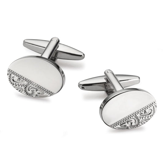 Engraved Oval Silver Plate Cufflinks