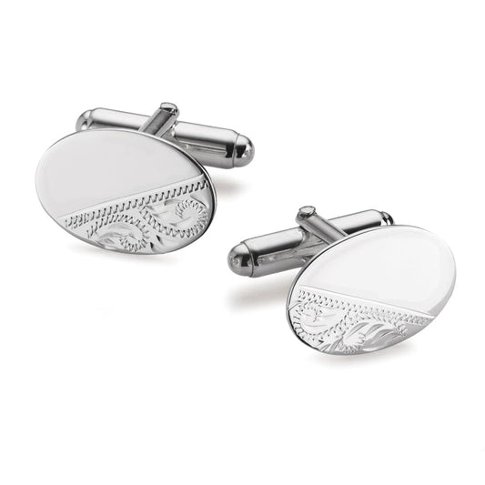 Half Engraved Oval Sterling Silver Cufflinks