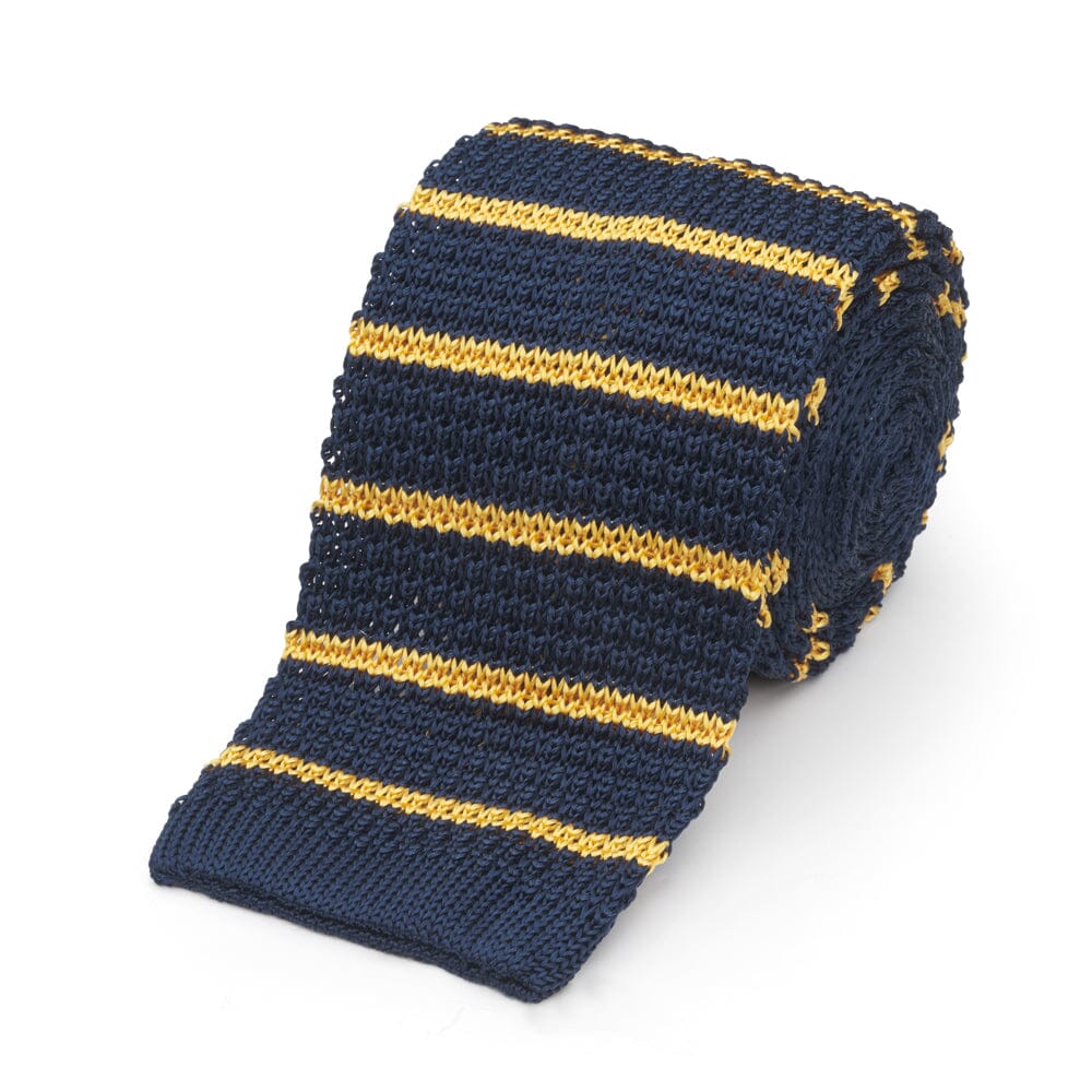 Knitted Silk Tie In Navy & Gold Stripe