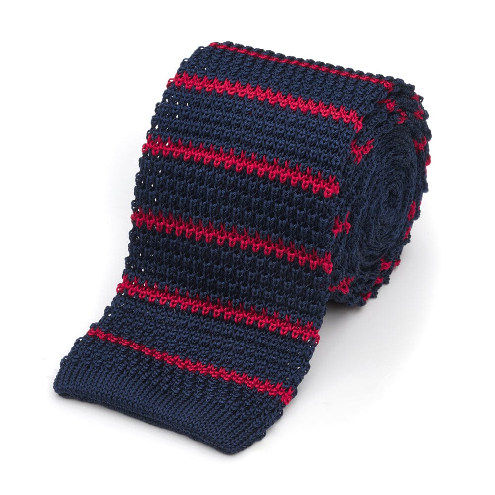 Knitted Silk Tie In Navy & Red Stripe