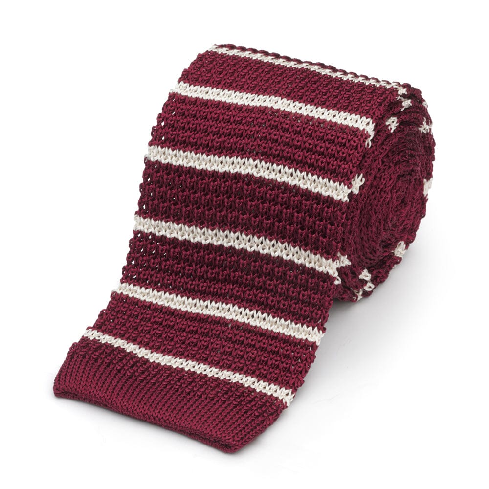 Knitted Silk Tie In Burgundy & White Stripe