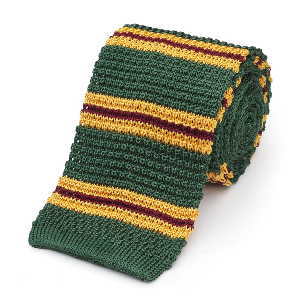 Knitted Silk Tie In Green & Yellow Stripe