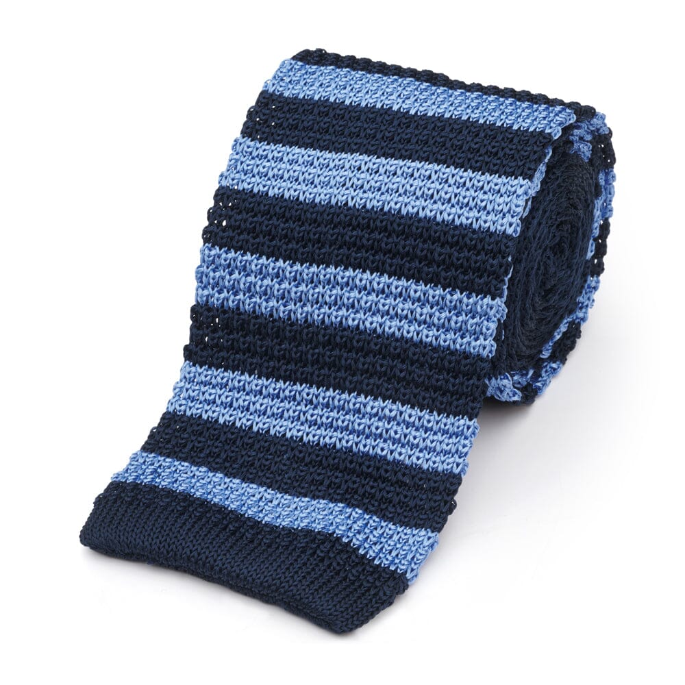 Knitted Silk Tie In Navy & Blue Stripe