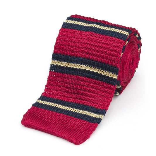 Knitted Silk Tie In Red & Yellow Stripe