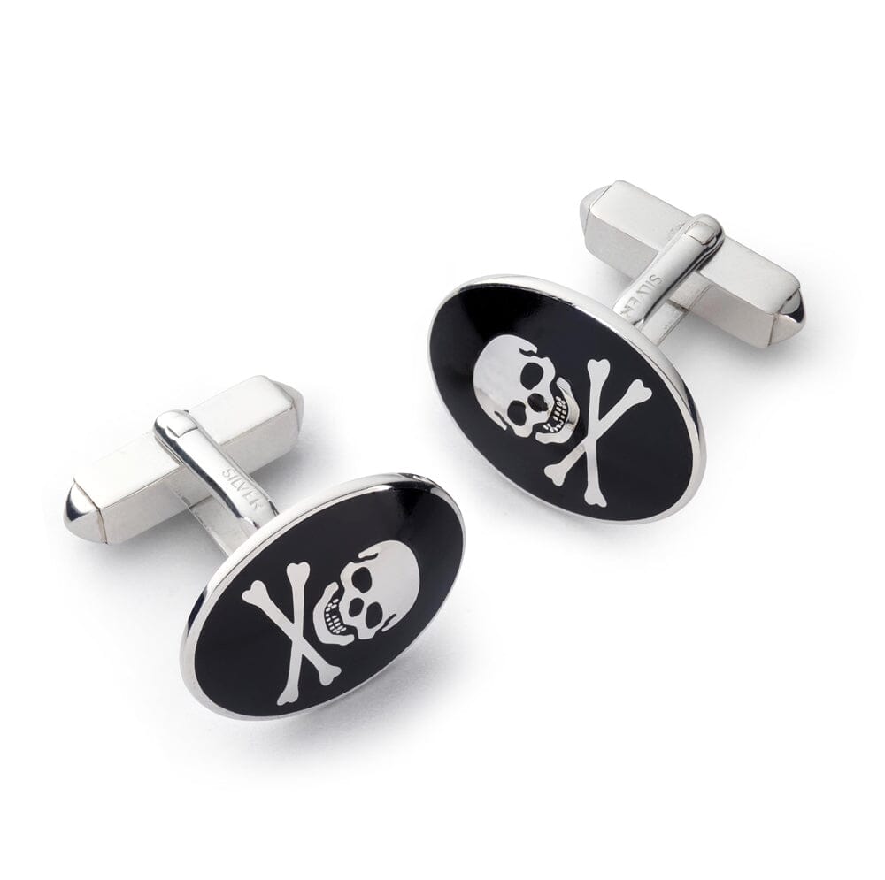 Skull And Crossbones Sterling Silver Cufflinks In Black