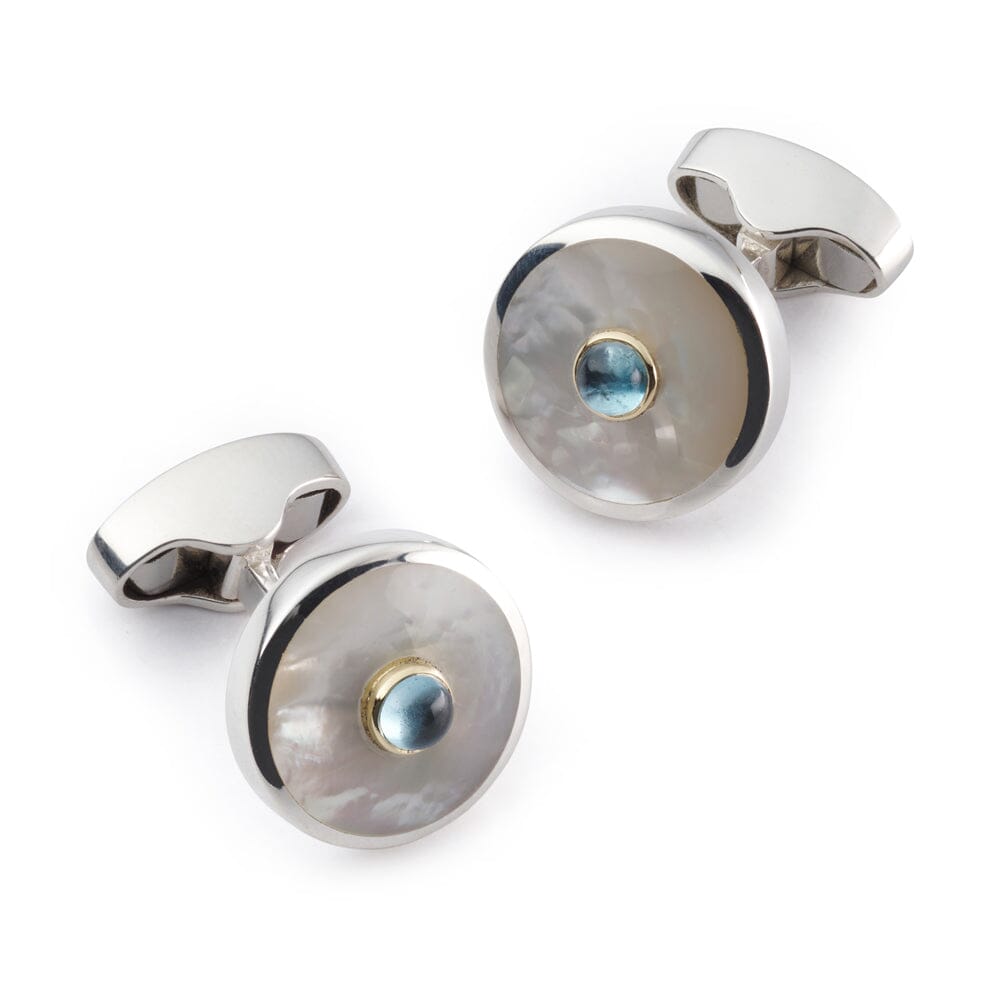 Sterling Silver Cufflinks With Mother Of Pearl And Blue Topaz