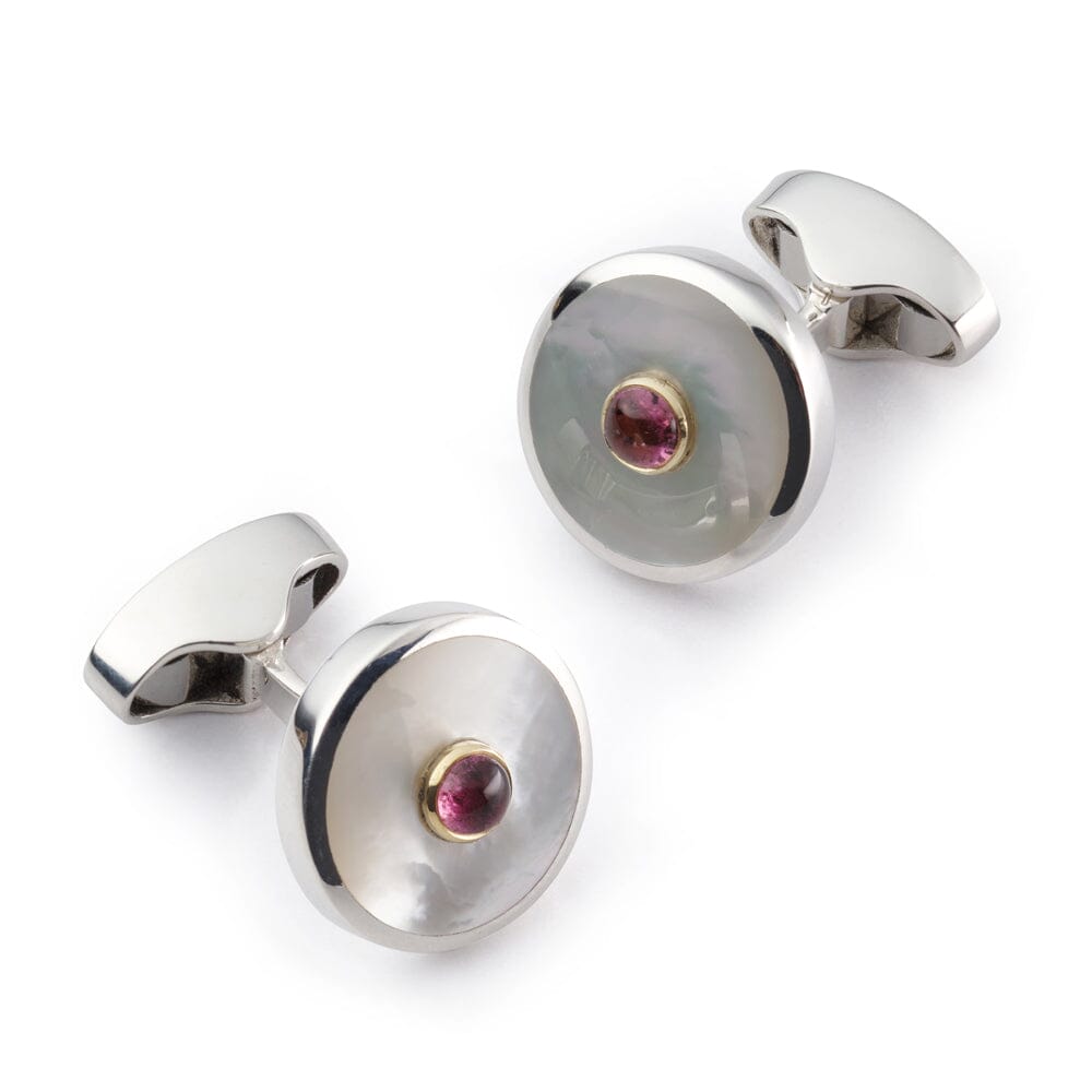 Sterling Silver Cufflinks With Mother Of Pearl And Pink Tourmaline