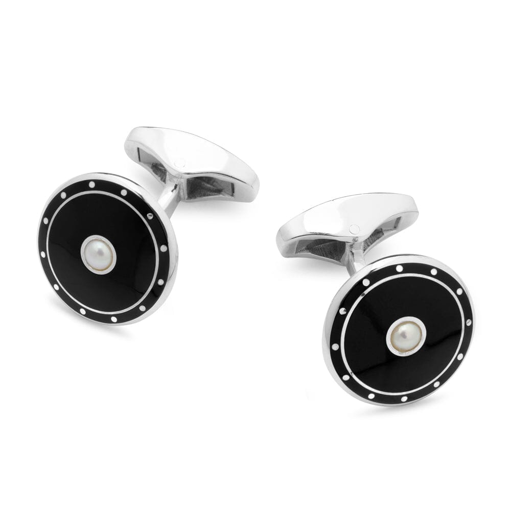 Domed Black Enamel Sterling Silver Cufflinks With Mother Of Pearl