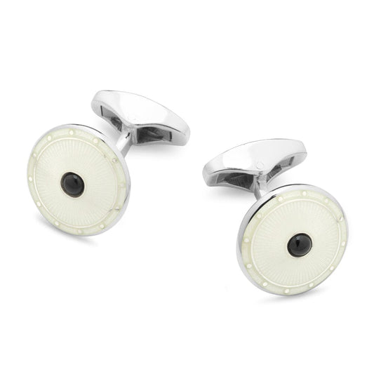 Domed Cream Enamel Sterling Silver Cufflinks With Onyx