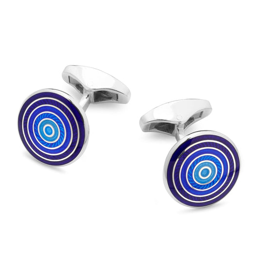 Guilloche Roundel Sterling Silver Cufflinks In Blue Gradient