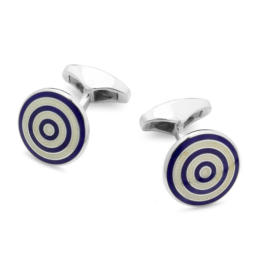 Guilloche Roundel Sterling Silver Cufflinks In Navy & Cream