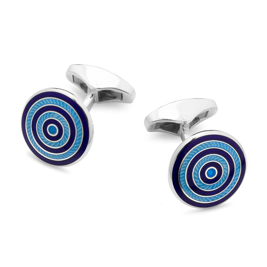 Guilloche Roundel Sterling Silver Cufflinks In Navy & Sky