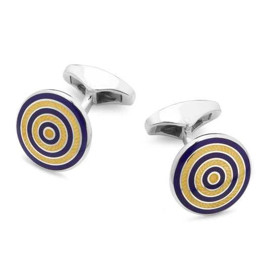 Guilloche Roundel Sterling Silver Cufflinks In Navy & Yellow