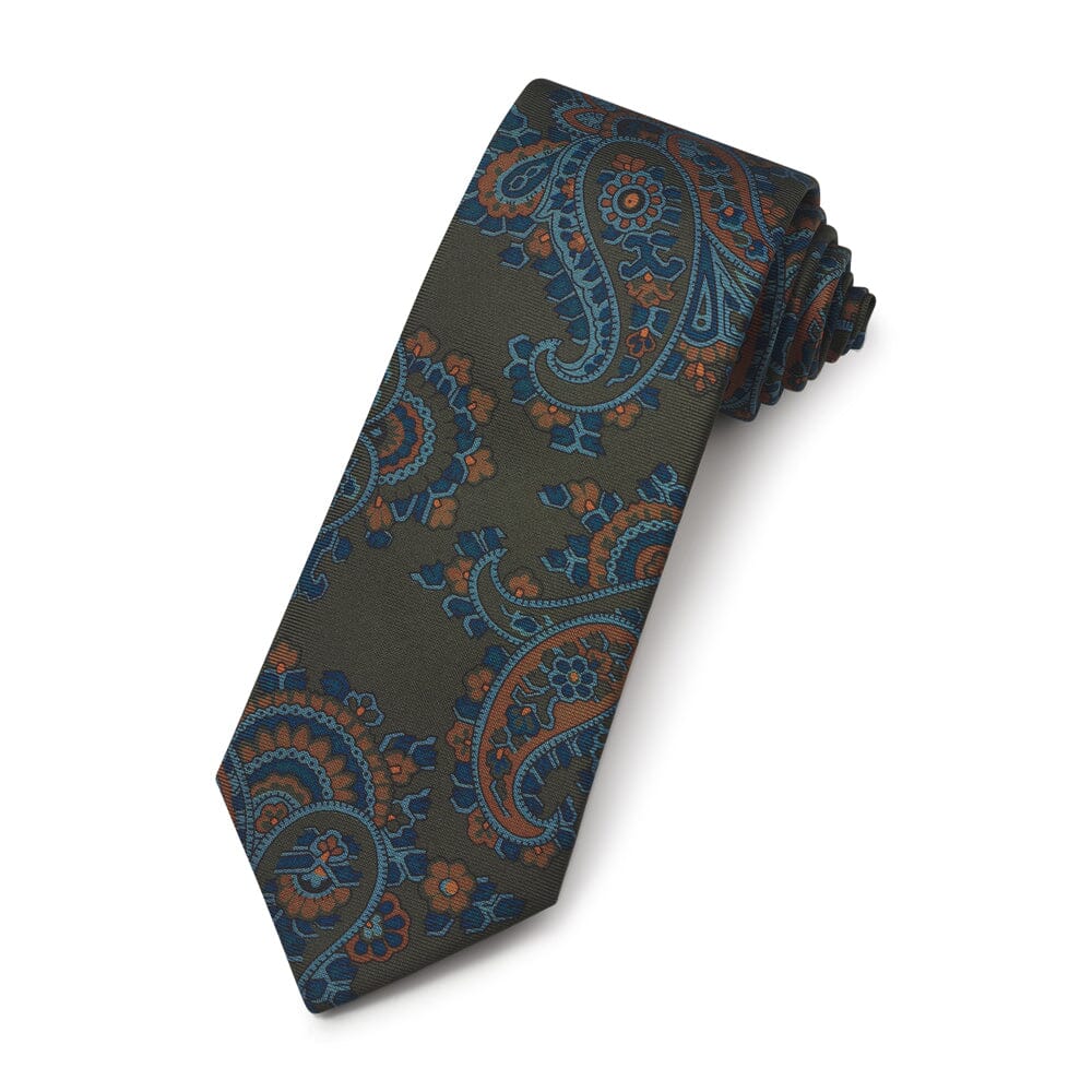 Large Paisley Ancient Madder Silk Tie In Forest Green