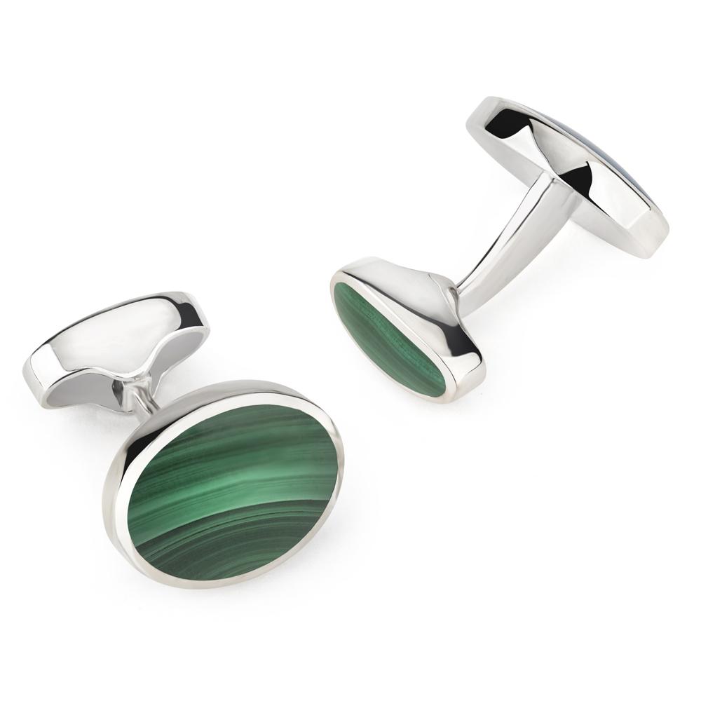 Sterling Silver Oval Cufflinks With Malachite