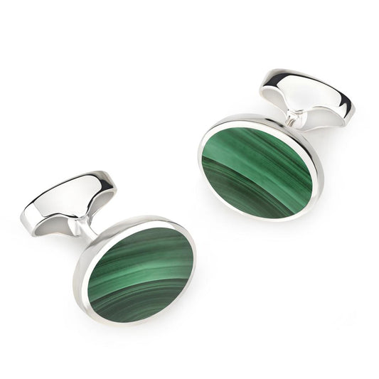 Sterling Silver Oval Cufflinks With Malachite