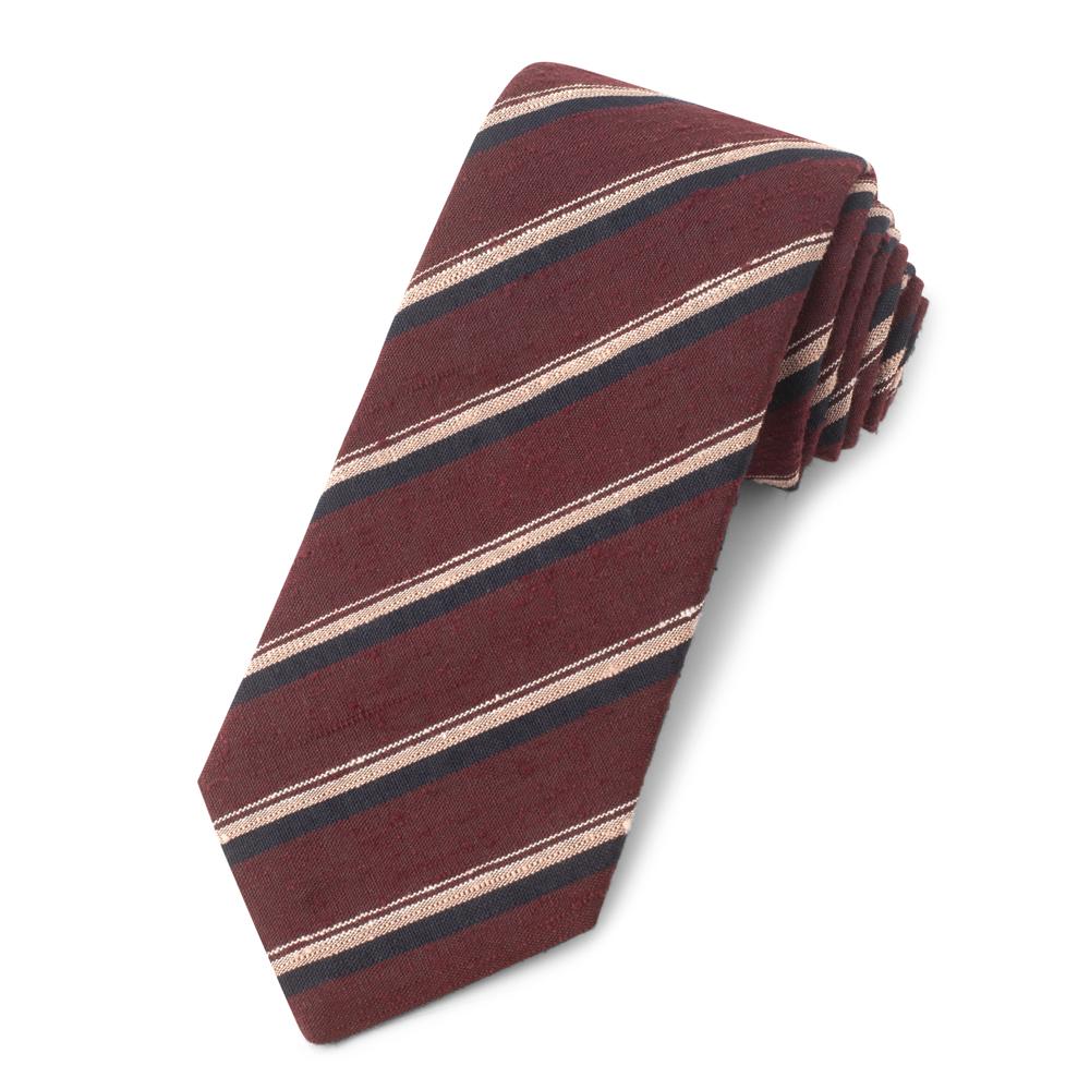 Red With Pink And Navy Stripe Shantung Three-Fold Silk Tie